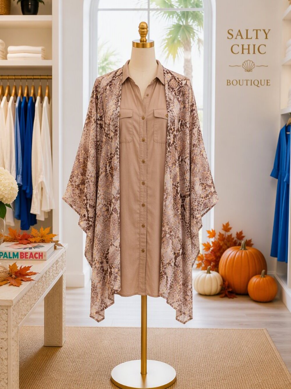 Maurices Snake-Print Kimono Blush Taupe Gold Accents